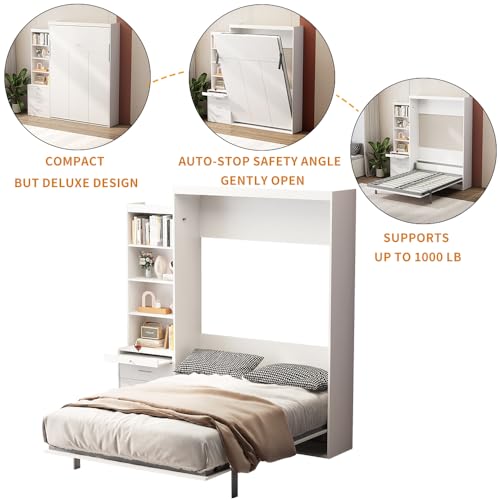 Harper & Bright Designs Full Size Murphy Bed, Morden Full Vertical Murphy Bed Frame with Shelf and Drawers, Wall Bed Hidden Bed Gas Struts, White Harper & Bright Designs
