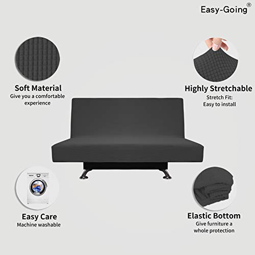 Easy-Going Stretch Futon Slipcover Armless Futon Bed Cover Furniture Protector Without Armrests with Elastic Bottom for Kids, Soft Jacquard Fabric Small Checks (Medium, Dark Gray) Easy-Going
