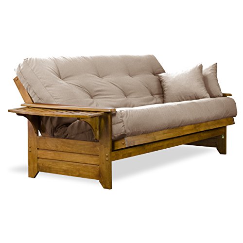 Nirvana Futons Brentwood Tray Arm Futon Frame, Drawers, and Microfiber Khaki Mattress Set - Queen, Heritage Finish