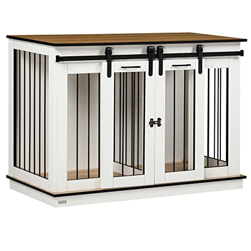 PawHut Dog Crate Furniture with Divider, Dog Crate End Table for Small to Large Dogs, Large Indoor Dog Kennel with Double Doors, 47" W x 23.5" D x 35" H, White PawHut
