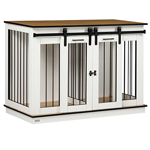 PawHut Dog Crate Furniture with Divider, Dog Crate End Table for Small to Large Dogs, Large Indoor Dog Kennel with Double Doors, 47" W x 23.5" D x 35" H, White - WoodArtSupply