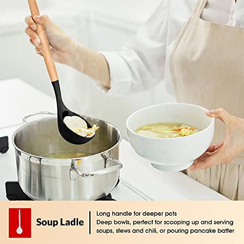 E-far Cooking Utensils Set of 6, Silicone Kitchen Utensils with Wooden Handle, Non-stick Cookware Friendly & Heat Resistant, Includes Spatula/Ladle/Slotted Turner/Serving Spoon/Spaghetti Server(Black) E-far