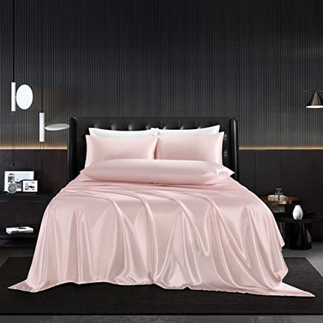 HommxJF 4Pcs Blush Pink Silk Twin Sheet Set - Satin Bedding With 1 Flat Sheet, 1 Deep Pocket Fitted Sheet, 2 Pillowcases With Envelope Closure - Silky Comforter Sheets HommxJF