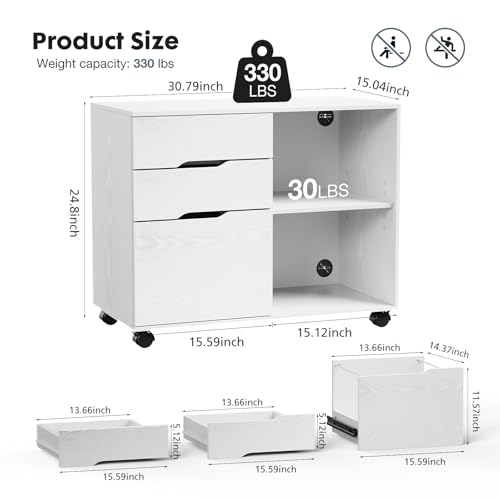 DUMOS Lateral File Cabinet with 3 Drawers Rolling Filing Cabinets Under Desk Storage Printer Stand Wood Organizer with Wheels Adjustable Shelf for Office Home Small Space, White