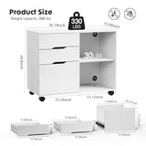 DUMOS Lateral File Cabinet with 3 Drawers Rolling Filing Cabinets Under Desk Storage Printer Stand Wood Organizer with Wheels Adjustable Shelf for Office Home Small Space, White