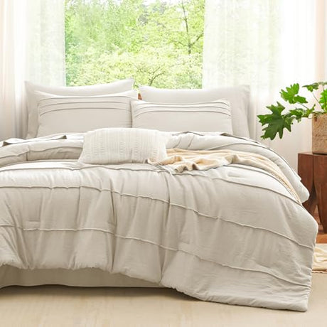 CozyLux King Size Comforter Set Beige, 7 Pieces Soft Pinch Pleat Bed in a Bag King Comforter Set with Sheets, Boho Bed Set with Down Alternative Comforter, Sheets, Pillowcases & Shams CozyLux