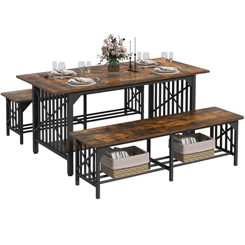 DWVO 3-Piece Dining Table Set for 4-6 People, 63" Dining Room Table with 2 Benches, Industrial Rectangular Dining Room Table Set with Storage for Kitchen, Dining Room, Rustic Brown - WoodArtSupply