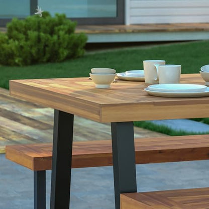 EMMA + OLIVER Whitford Natural Finish Solid Acacia Wood Dining Table with Black Metal Legs for Indoor and Outdoor Use - WoodArtSupply