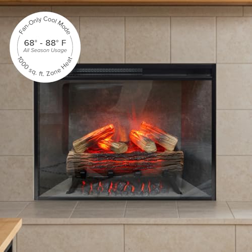 Modern Ember Uptown 28" Smart Electric Fireplace Insert with Remote, Alexa/WiFi Enabled - 1,000 Sq Ft Electric Heater with Realistic Flames and Log Set, Concrete Background Modern Ember