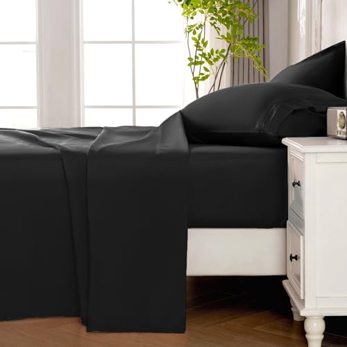 ROSE&RISY Black Full Sheet Set, 4 Pieces Soft Bedding Queen Sheet Set, Breathable and Cooling,Includes 1 Fitted, 1 Flat, 2 Pillow Cases - Deep Pocket (Black, Full) ROSE&RISY