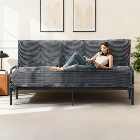 feliz home 10" Futon Mattress Queen Size,Futons Sofa Couch Bed with Straps, Thick Corduroy Floor Mattress for Adults, Roll Up Folding Mattress Shredded Foam Filling, Medium Firm (Gray, Full) feliz home