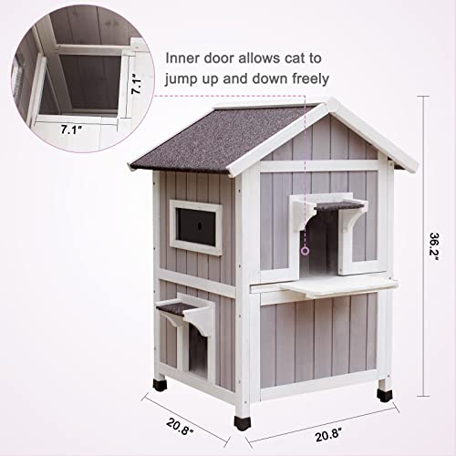 HiCaptain Outdoor Cat House for Feral Cats, Weatherproof Outside Cat Shelter Wooden 2 Story Large Kitty House with Escape Door - WoodArtSupply