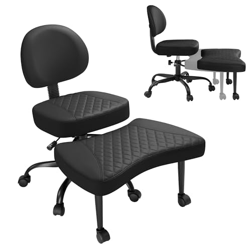 GUNJI Ergonomic Criss Cross Legged Office Chair, 360° Swivel Meditation Kneeling Chair with Wheels, ADHD Chair with Footrest, Lumbar Support, Wider Height Adjustable Seat (Faux Leather, Black) GUNJI