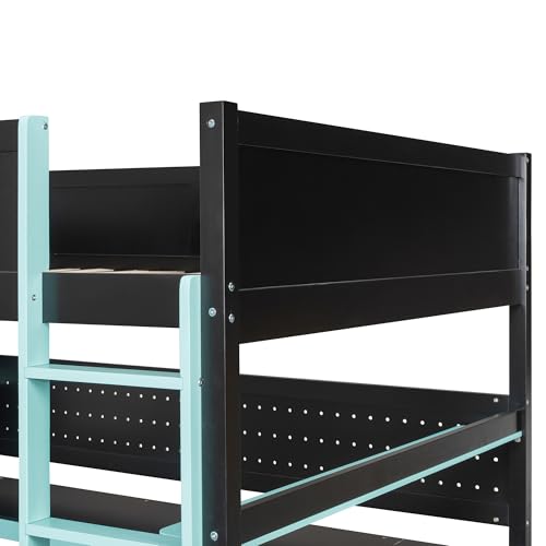 LUMISOL Full Size Gaming Loft Bed with Desk & Stairs, Solid Wood Loft Bed with Shelves & Pegboard, Black+Blue LUMISOL