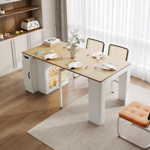 Hennhari Extendable Console Dining Table with Power Outlet & Iron Support Legs, Console Table with Extension Leaves Holder & LED Lights Glass Door Storage for Dining Room (Cream White) Hennhari