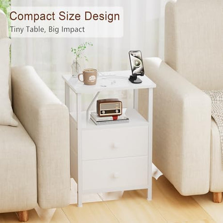 LOAKEKEL White Nightstand with Charging Station, End Table with 2 Fabric Drawers, Night Stand for Bedroom, Small Bed Side Table with USB Ports and Outlets for Living Room, HETS020WT-1 LOAKEKEL