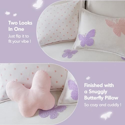 Intelligent Design Kids Rio Full/Queen Comforter Set – Girls’ Reversible Tufted Chenille Bedding with Pastel Purple Butterflies and Pink Dot, 4pcs Intelligent Design