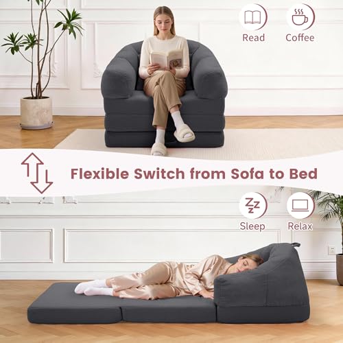 Korser Folding Sofa Bed, Convertible Sleeper Chair with Armrest, Floor Futon Couch with Pillow, Sleeper Single Chair for Adults, Couches for Living Room, Small Couches for Small Spaces,Grey Korser