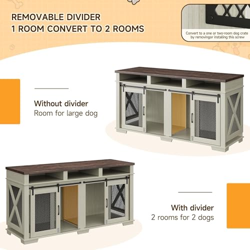 71'' Double Dog Crate Furniture – Furniture-Style Kennel with Removable Divider, Sliding Barn Door & 3 Drawers | Doubles As a TV Stand, Ideal for Large Dogs or 2 Medium Breeds (White + Walnut Finish) Loumernhant