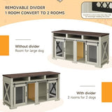 71'' Double Dog Crate Furniture – Furniture-Style Kennel with Removable Divider, Sliding Barn Door & 3 Drawers | Doubles As a TV Stand, Ideal for Large Dogs or 2 Medium Breeds (White + Walnut Finish) Loumernhant