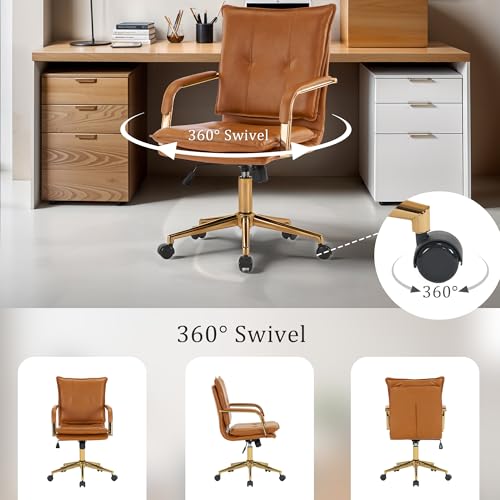 MOJAY Mid-Back Ergonomic Leather Office Chair, Modern Upholstered Executive Desk Chair with Gold Frame Armrest Computer Task Chair (Camel) MOJAY