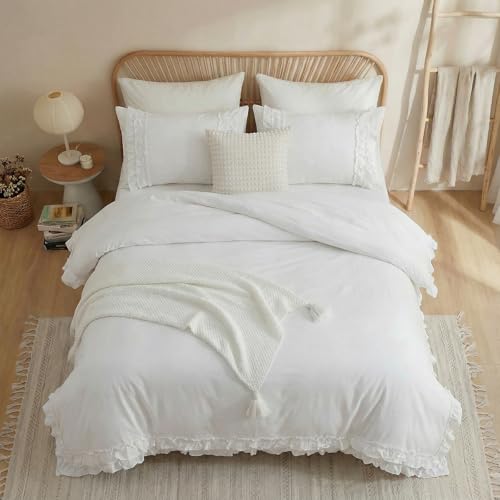 Merryword 100% Cotton Ruffled Comforter Set Queen, White Shabby Chic Farmhouse Bedding Set French Country Cute Comforter Set Merryword