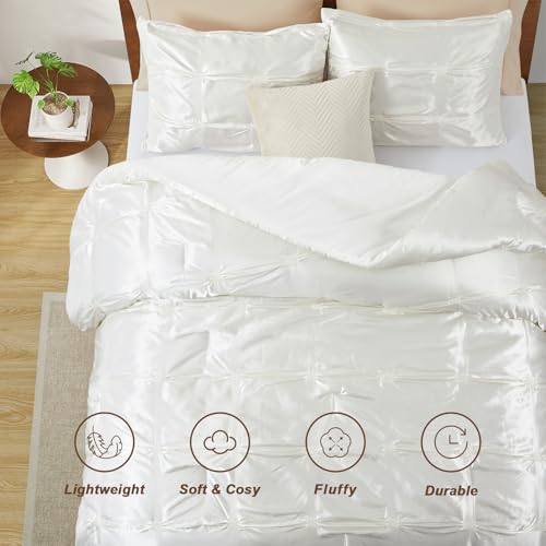 Lanest Housing King Size Satin Comforter Set Ivory White, 3 Pieces Soft and Lightweight Silk Bedding, All Season Fluffy Down Alternative Comforter Bed Set Lanest Housing