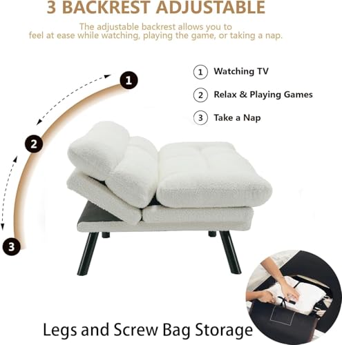 White Modern Teddy Velvet Convertible Folding Futon Couch Sofa Bed Adjustable Pillow Top Arm Memory Foam Couch Double Love Seat Sofa for Compact Space, Dorm, Apartment, Bedroom Loveseat (White) Gustonhon