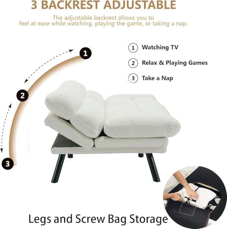 White Modern Teddy Velvet Convertible Folding Futon Couch Sofa Bed Adjustable Pillow Top Arm Memory Foam Couch Double Love Seat Sofa for Compact Space, Dorm, Apartment, Bedroom Loveseat (White) Gustonhon