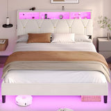 BTHFST Full Size Bed Frame with Headboard Storage & LED Lights, Platform Bed Frame Full Size with Charging Station, Velvet Upholstered Bed with Shelf Headboard, No Box Spring Needed, Creamy White BTHFST