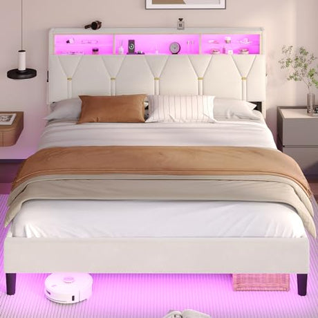 BTHFST Full Size Bed Frame with Headboard Storage & LED Lights, Platform Bed Frame Full Size with Charging Station, Velvet Upholstered Bed with Shelf Headboard, No Box Spring Needed, Creamy White BTHFST