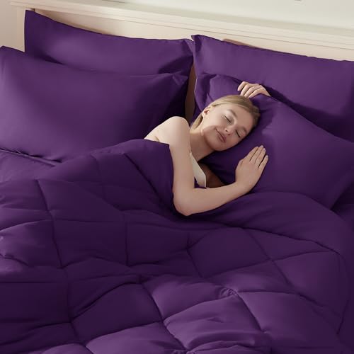 ELNIDO QUEEN® Purple Comforter Set Queen - 7 Pieces Bed in a Bag Queen Size, Bed Set for All Seasons, Ultra Soft Bedding Sets with Comforter, Flat Sheet, Fitted Sheet, Pillowcases and Pillow Shams ELNIDO QUEEN
