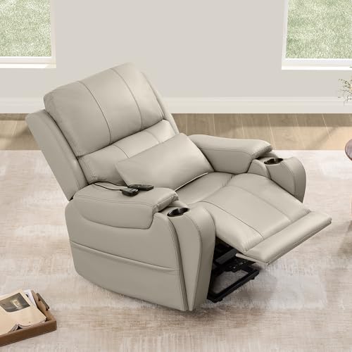 CHITA Power Lift Recliner Chair for Elderly with Heat and Massage, Genuine Leather Electric Lift Chairs with Cup Holder, Removable Lumbar Pillow, 2 Side Pockets, Leather in Gray