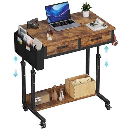 Small Portable Standing Rolling Desk - 32 Inch Adjustable Mobile Stand Up Teacher Desks with 2 Fabric Drawers on Wheels, Couch Sofa Side Laptop Table with Storage for Bedroom Home Office, Rustic Brown WINAZ