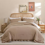 JANZAA Queen Ruffled Comforter Set 3PCS (1 Taupe Comforter Set and 2 Pillowcases) Vintage Farmhouse Shabby Chic Bedding Soft Fluffy Bed Set All Season JANZAA