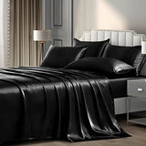 P Pothuiny 6 Pieces Full Satin Sheets Luxury Silky Black Satin Bedding Sheet Set, 1 Deep Pocket Fitted Sheet + 1 Flat Sheet + 4 Pillow Cases P Pothuiny