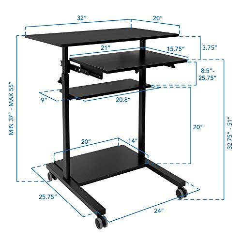 Mount-It! Mobile Standing Desk with Retractable Keyboard Platform | Height Adjustable Stand Up Computer Workstation | Locking Wheels, 99 Lbs Capacity Mount-It!