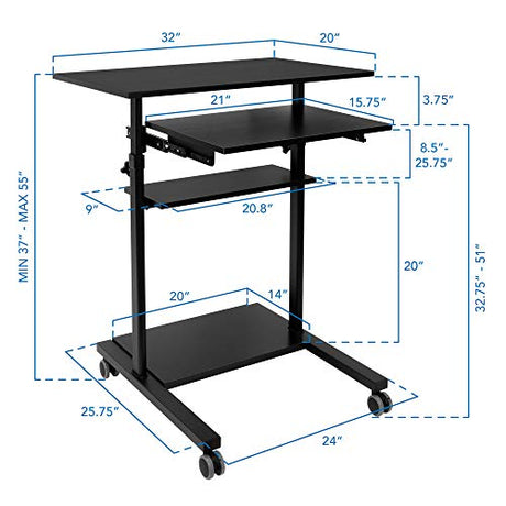 Mount-It! Mobile Standing Desk with Retractable Keyboard Platform | Height Adjustable Stand Up Computer Workstation | Locking Wheels, 99 Lbs Capacity Mount-It!