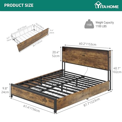 YITAHOME Bed Frame, Queen Size Bed Frame with LED Light Strip & Charging Station, Wooden Storage Headboard Platform Bed with Metal Slats Support & 4 Drawers, No Box Spring Needed, Brown