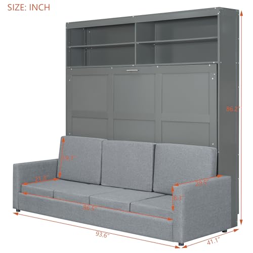 MERITLINE Queen Murphy Bed with 4 Seat Couch and Storage Shelves,Wood Folding Grey Murphy Wall Bed Cabinet with Storage and Sofa MERITLINE