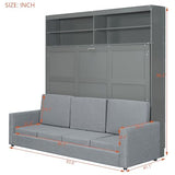 MERITLINE Queen Murphy Bed with 4 Seat Couch and Storage Shelves,Wood Folding Grey Murphy Wall Bed Cabinet with Storage and Sofa MERITLINE