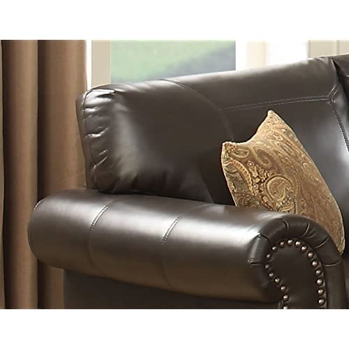 AC Pacific Louis Traditional Upholstered Leather Living Room Piece with Antique Brass Nail Head Trim, Sofa, Umber AC Pacific