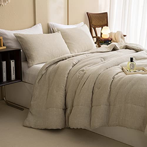 Merryword 100% Linen Comforter Set Queen Natural French Flax Linen Bedding Comforter Set Soft Breathable Moisture Wicking Comfy Bedding 3 Pieces Merryword