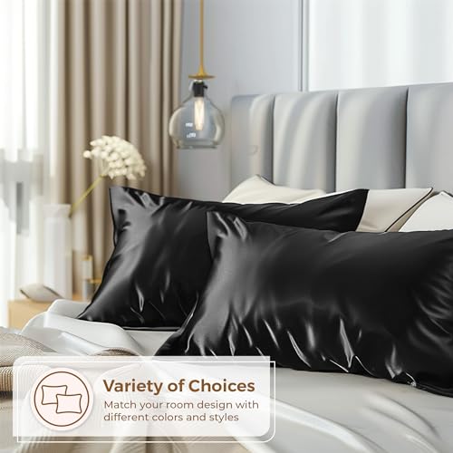 Pure Bedding Satin Pillowcase 2 Pack - Queen Size (20"x30", Black) - Silky Pillow Cases for Hair and Skin - Satin Pillow Covers with Envelope Closure - Extra Soft Premium Microfiber Pure Bedding