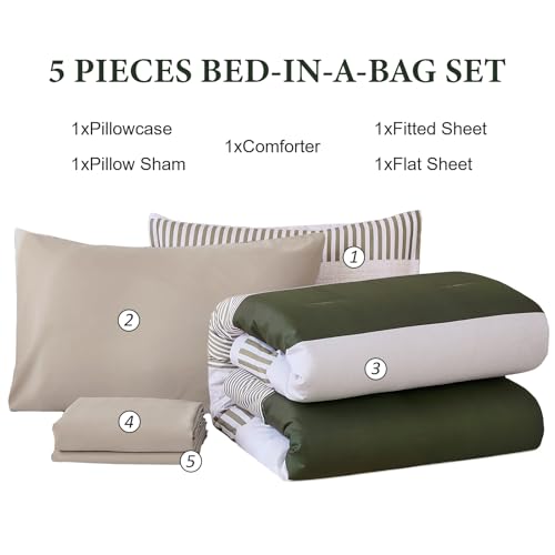 Twin Size Comforter Olive Green Striped Comforters for Boys&Girls,5 Pieces Bed in A Bag Simple Neutral-Style Bedding Sets for Kids Teen Cottolester