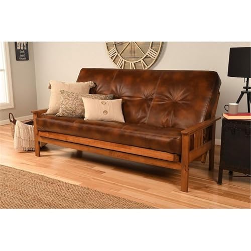 Pemberly Row 75" Traditional Full-Size Faux Leather Futon Mattress with Hinged Innerspring, Foam Construction, in Saddle Brown Finish, Frame Not Included Pemberly Row