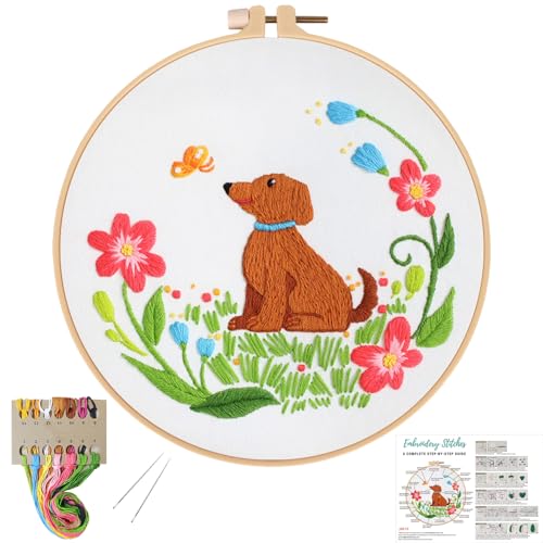 Louise Maelys Dog Embroidery Kits for Beginners with Floral Pattern,Cross Stitch Kit for Adults DIY Needlepoint with Embroidery Instructions