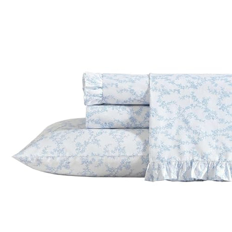 Laura Ashley - Twin XL Sheet Set, Crisp & Cool Cotton Percale Bedding with Deep Pockets, Lightweight for Year Round Comfort, Bed Sheets with Matching Pillowcase (Victoria Blue) Laura Ashley