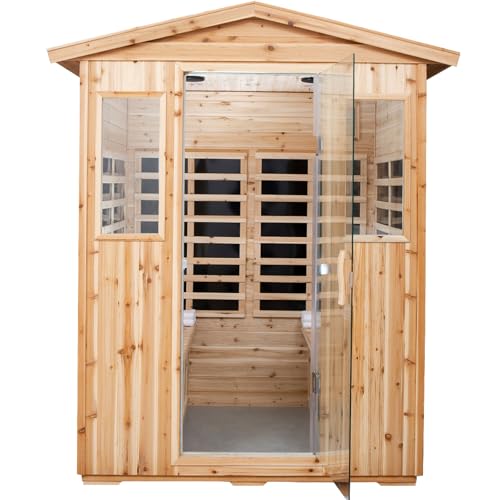 Infrared Sauna Wooden Sauna Room,Outdoor Sauna 4 Person Infrared Saunas for Home,Low Emf Infrared Sauna 2050W 2 Bluetooth Speakers, 2 LED Reading Lamp KOOZONEGM
