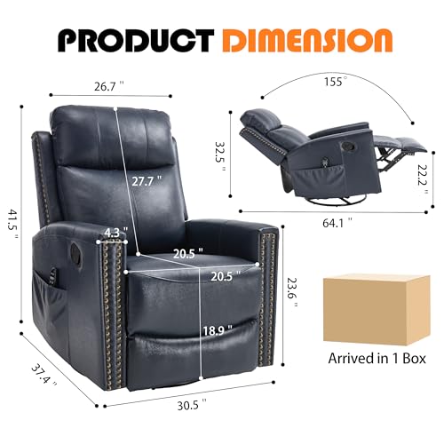 Genuine Leather Swivel Rocker Recliner Chair for Adults, Manual Glider Rocking Chair for Nursery with Vibration Massage & Lumbar Heat, Rivet Design Single Sofa for Living Room, Blue